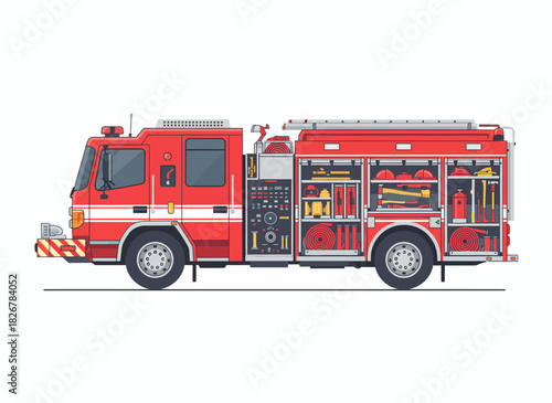 Illustration of a red fire truck with various tools and equipment visible, presented on a clean white background.