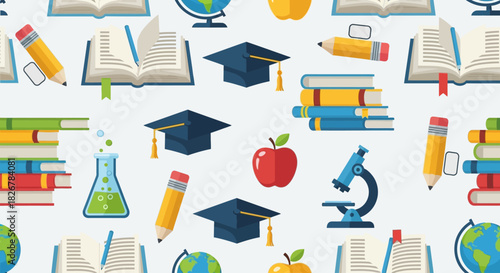 Education background pattern with school supplies and academic symbols.