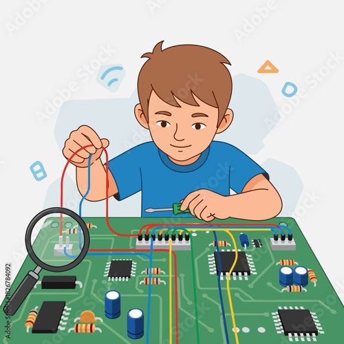 Young boy in blue shirt assembling a green circuit board with wires, using a magnifying glass for detailed work.