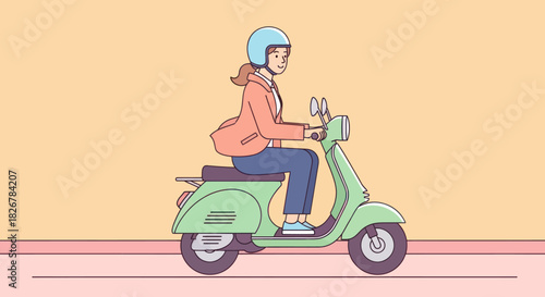 Happy young woman riding a green retro scooter with a helmet.