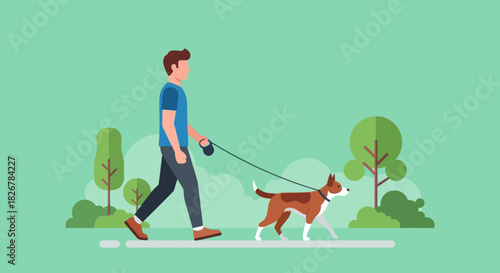 Man walking his dog on a leash in a park setting.