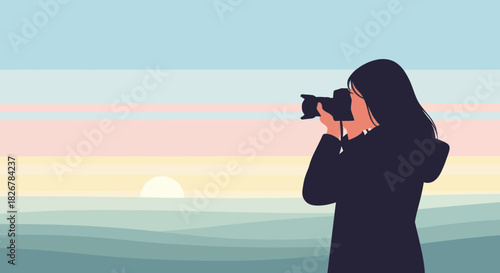 Woman Photographing a Serene Sunset Over the Horizon
