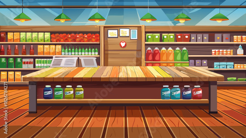 Clean rustic wood counter foreground with depth-of-field blur of supermarket shelves, ideal for showcasing food, beverages, and promotional product visuals