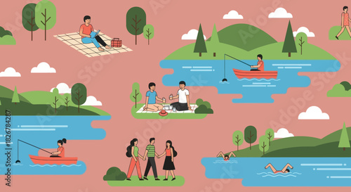 People enjoying various outdoor recreation activities in a vibrant park setting.