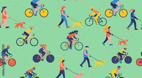 Seamless pattern of people cycling and walking dogs outdoors