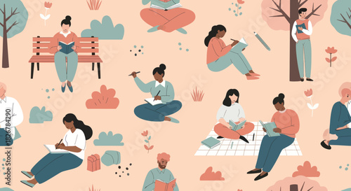 Diverse people reading and studying in a tranquil outdoor park setting.