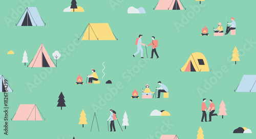 Seamless pattern of people camping and hiking in a minimalist outdoor setting.