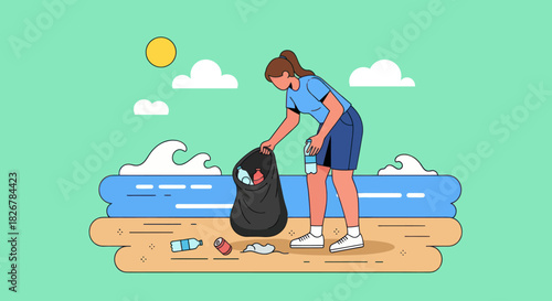 Woman cleaning plastic trash from the beach and ocean