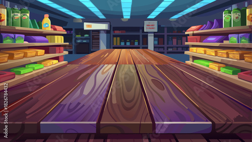 Dark wooden tabletop in sharp focus with a softly blurred grocery store aisle in the background, perfect for product placement, advertising mockups, and commercial presentations