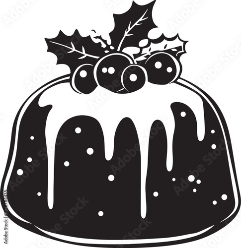 A black and white illustration of a Christmas pudding with holly leaves and berries on top.