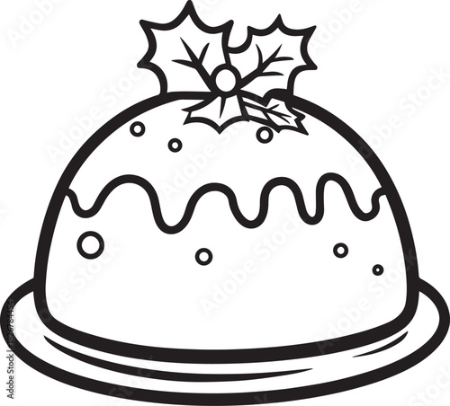 A Christmas pudding on a plate with a holly leaf decoration.