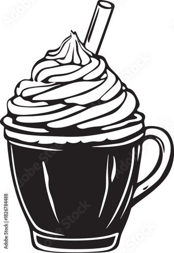 A black and white illustration of a coffee cup with whipped cream and a straw.