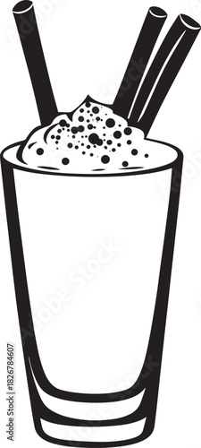 A black and white illustration of a milkshake with whipped cream and two straws.
