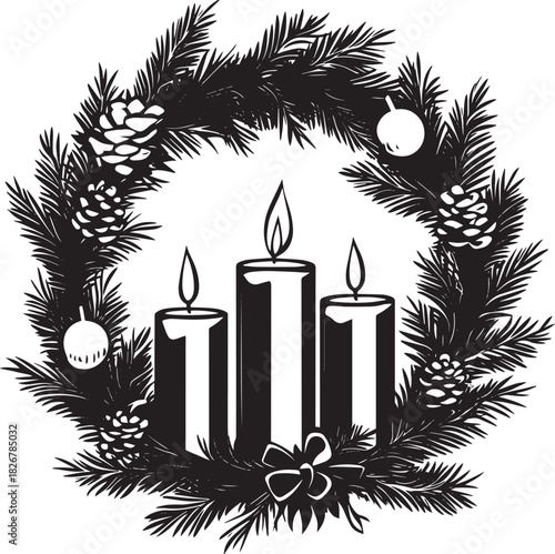 A black and white illustration of a Christmas wreath with three candles and pine cones.