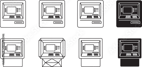 Automated teller machine and cash dispenser icons set, bank payment terminal for money withdrawal, financial transaction symbols vector Vector
