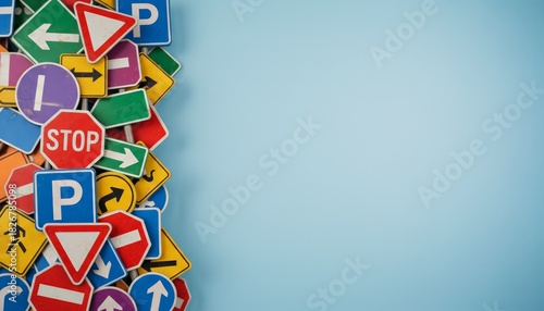 Many diverse road signs creating a border on a pastel blue background, symbolizing driving education, traffic regulations, and safety concepts with ample copy space