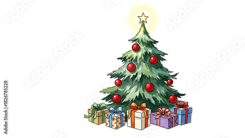 Hand-painted watercolor Christmas tree and gift boxes