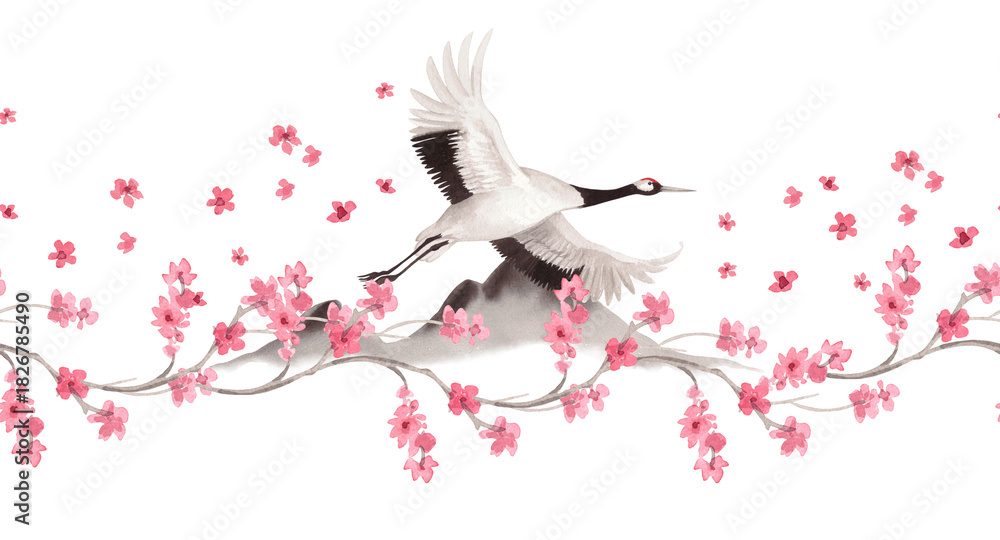 Fototapeta premium Seamless border of flyind japanese crane with the mountains and sakura on background. Watercolor handmade illustration. For fabric, wallpaper, greeting cards, design, decoration and illustration.