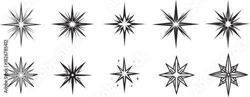 A set of black and white starburst designs with varying star shapes and sizes.