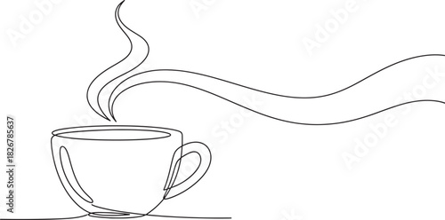 Continuous line art drawing of a steaming coffee cup with elegant wavy vapor, black outline on a white background, minimalist design and simple. Vector