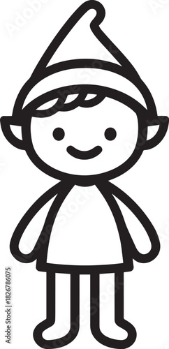 A black and white illustration of a cute, cartoonish elf with a pointed hat and a short, round body, standing against a plain white background.