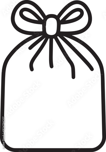A black and white illustration of a trash bag with a ribbon tied in a bow.