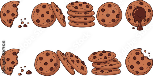 Cartoon Chocolate Chip Cookie Vector Set Featuring Stacked, Bitten, and Gooey Melted Chocolate Centers for Baking, Snack, and Dessert Illustration.