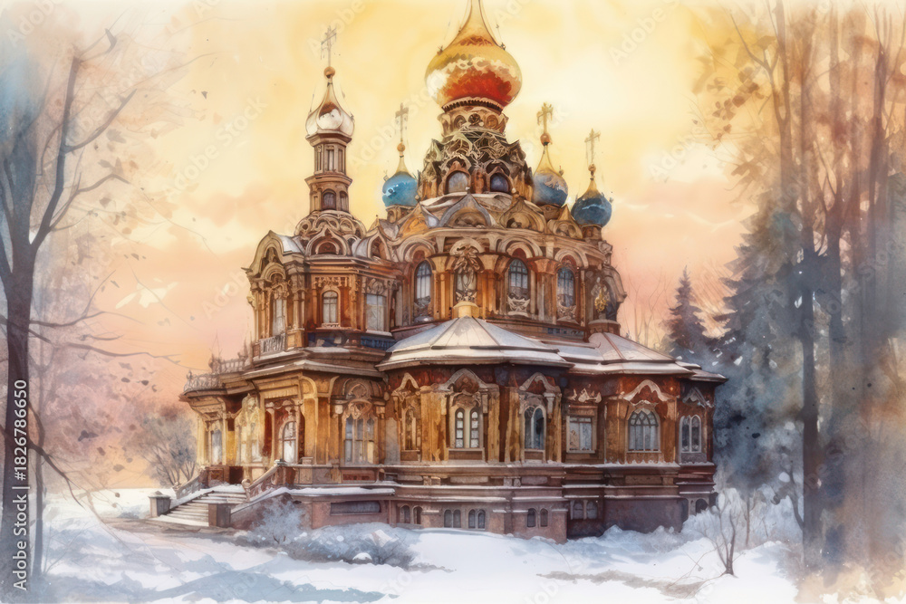 Fototapeta premium An atmospheric watercolor illustration of a Russian Orthodox church with rich architectural details, carved facades, and domes of varying shapes and colors. 