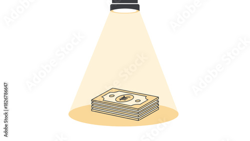 Illustration of a stack of money bills highlighted by a spotlight on a white background with a dramatic effect.