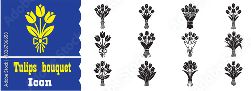 Set of Tulips bouquet icon, Tulips bouquet Black vector collection
