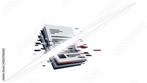 A 3D rendering of scattered office documents and papers flying through the air with a white background and a sense of dynamic motion.