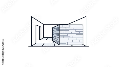 Line drawing of an open doorway leading to a room with a brick wall and adjacent room interior.