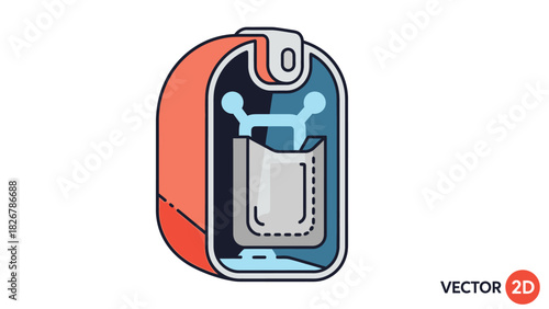Vector illustration of an open orange and blue lunchbox with a sandwich inside on a white background.