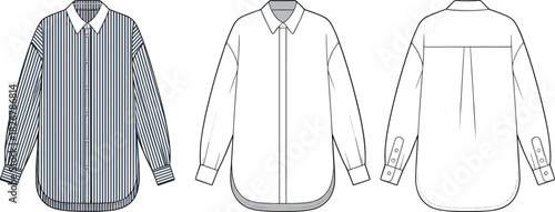 Striped Button-Up Shirt Fashion Illustration – Front Render and Technical Flats