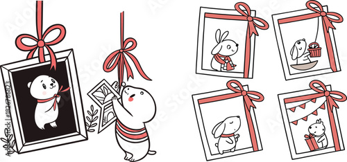 Set of hand drawn doode coquette rectangle vertical red ribbon frames with cute tied bow. Christmas, New Year, Valentines day greeting cards, bachelorette, wedding, birthday party whimsical design