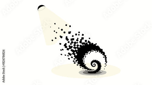 Vector illustration of black particles swirling out of a bottle on a white background with a minimalist style and monochromatic color scheme.