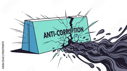 Illustration of a shattered box with 'ANTI-CORRUPTION' text cracking open and spilling dark liquid against a clean white background.
