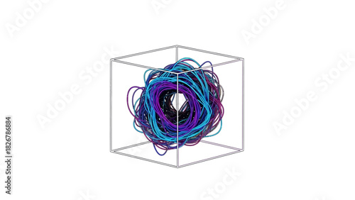 Wireframe cube with swirling colorful lines and a black center on a white background in a 3D rendering with a technical and modern mood.