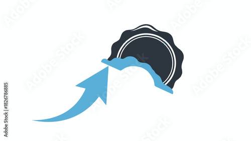 A blue arrow points to a black seal with white lines on a plain white background.