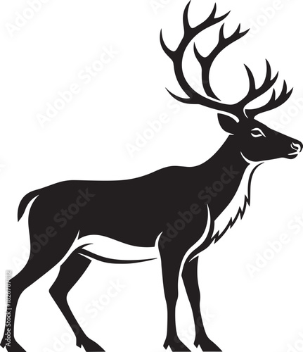 A black and white silhouette of a deer with antlers against a white background.