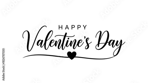 Happy Valentine's Day elegant script typography with a small black heart on a white background, perfect for greeting cards and romantic celebrations.