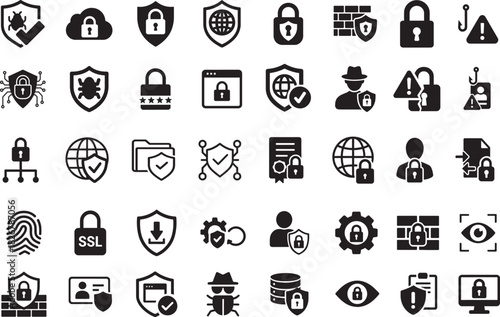 Minimal internet security icon set, ideal for cybersecurity, data protection, safe browsing, networks, and privacy tools.