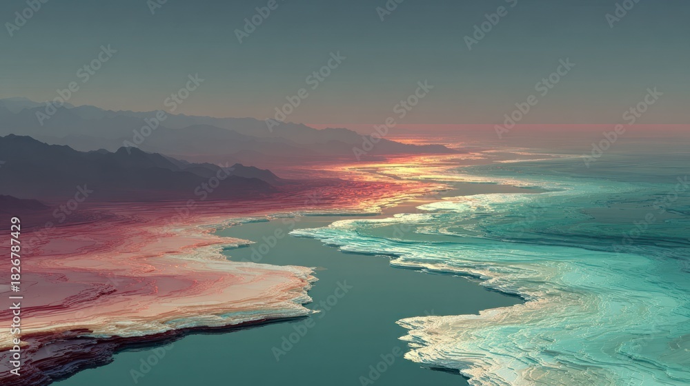 Fototapeta premium Panoramic view of a dramatic coastal landscape, with mountains, sea, and sunset hues