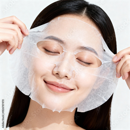 Smiling Asian Woman Applying Sheet Face Mask for Skincare and Beauty