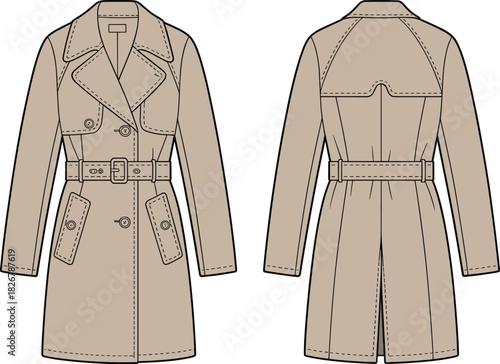 Trench coat technical drawing, fashion flat sketch, outerwear design, front and back view, belted coat, vector illustration