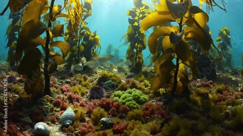 Marine Life Interactions Diverse Underwater Seaweed Ecosystems Observe small fish and invertebrates moving through and feeding on the diverse seaweed, emphasizing the ecosystem's food web and?