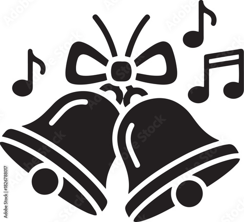 Two black and white Christmas bells with a bow and musical notes on a white background.