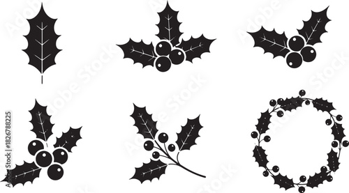 Christmas holly leaves and berries set against a white background.