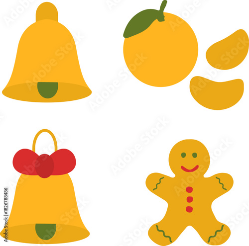 Christmas bell, orange and gingerbread set, festive New Year elements, cozy holiday illustration