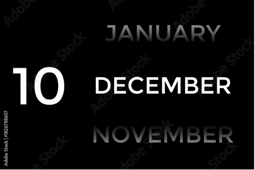 December 10 calendar with black background. A minimalist calendar template with well-structured date boxes and a sleek layout. This image is ideal for illustrating concepts such as time planning